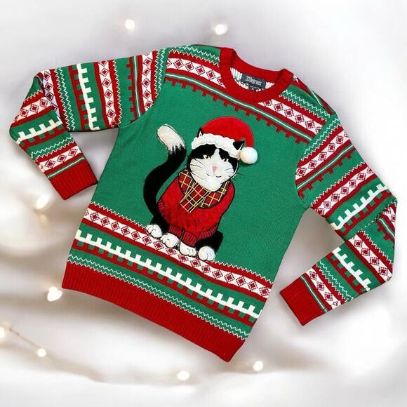 33 Degrees Mens Ugly Christmas Sweater Black White Cat Santa Hat Scarf 3D Medium - Picture 1 of 14